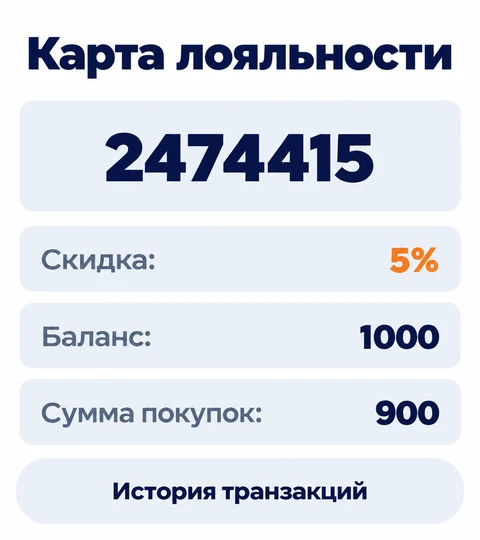 Карта лояльности в боте: номер карты, скидка, баланс и сумма покупок