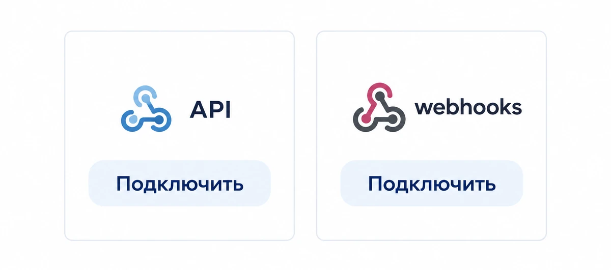 Плитки «API» и «webhooks» с кнопками «Подключить» в разделе интеграций кабинета